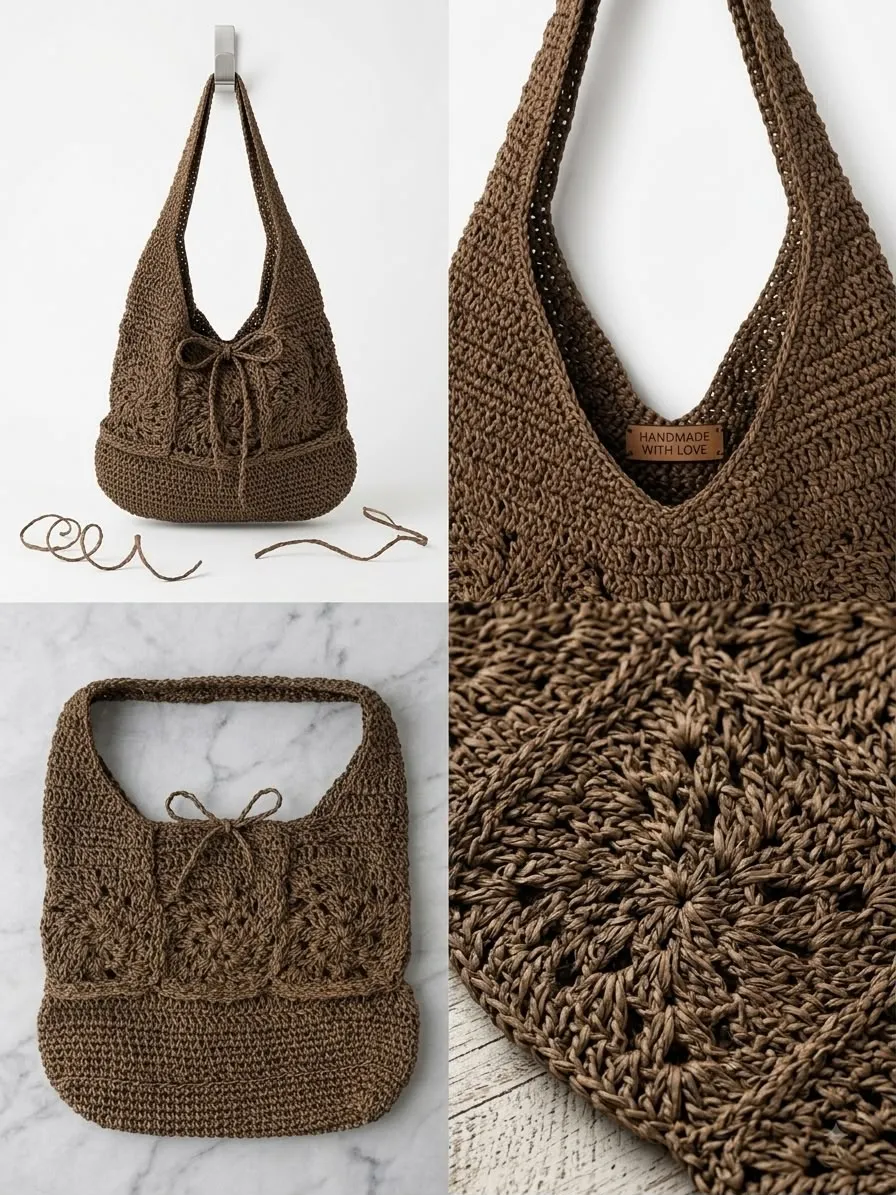 Handcrafted Çikolata Kahve Örgü Omuz Çantası – Motifli &amp; Fiyonklu Bağcıklı Hobo Bag